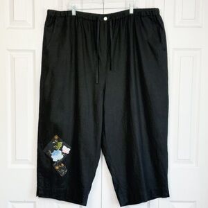 Stephanie Rogers Black Linen Floral Embroidered Patchwork Capri Pants 3X